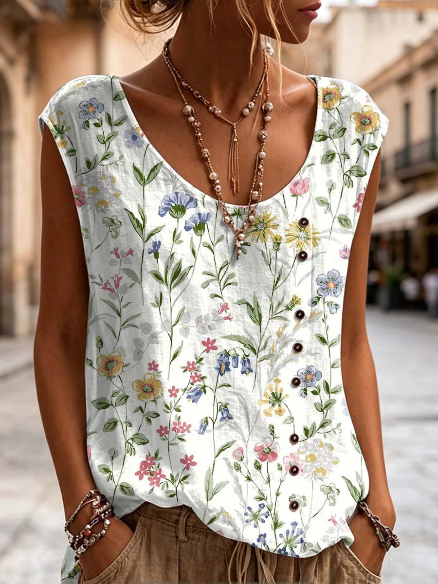 Women's Floral Pattern Art Print Casual Sleeveless Cotton Shirt
