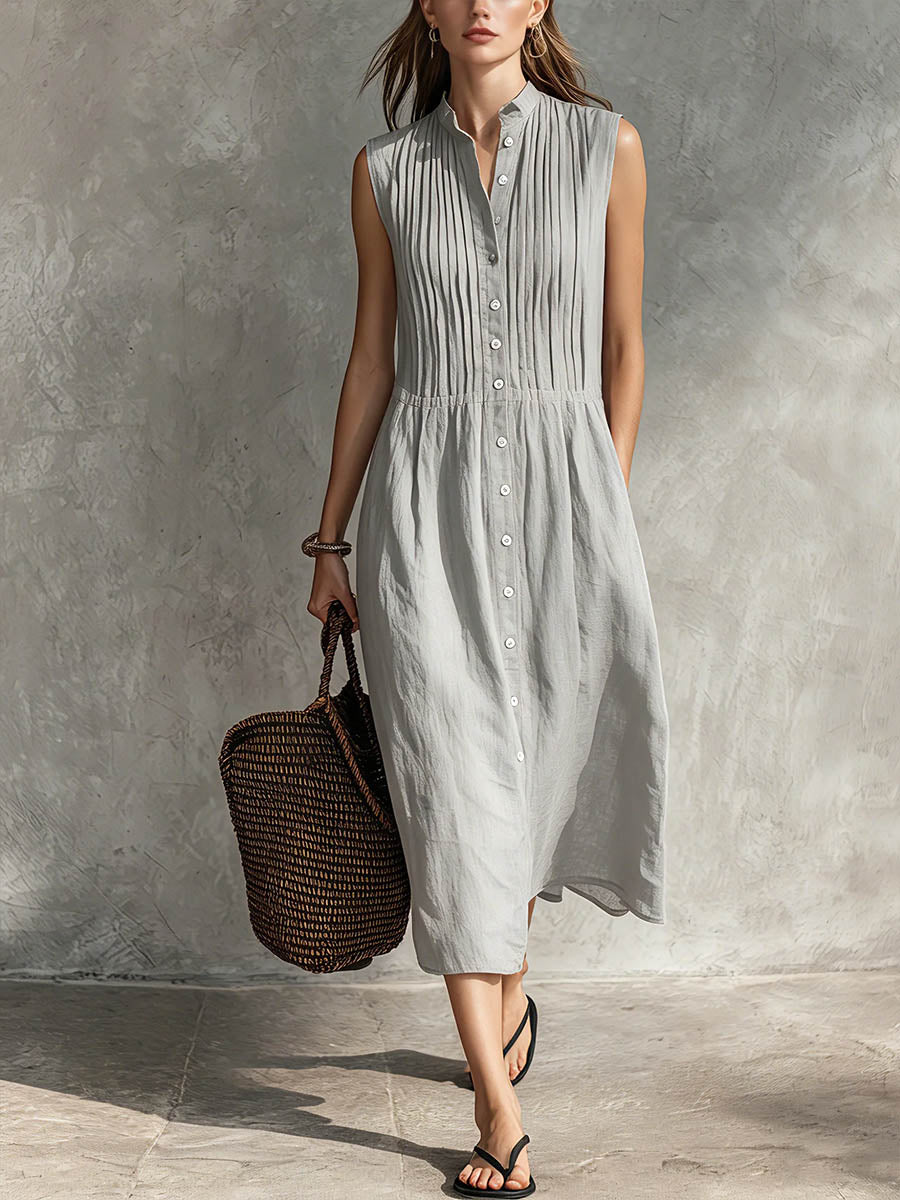 Women's Solid-color Stand-collar Sleeveless Casual Loose Cotton-linen Pleated Dress
