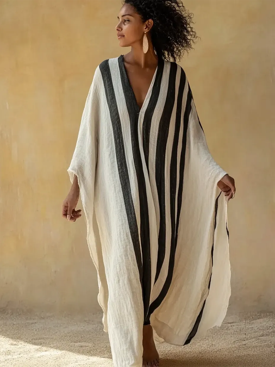 Boho Vacation Striped Print Loose Cotton-linen Maxi Dress