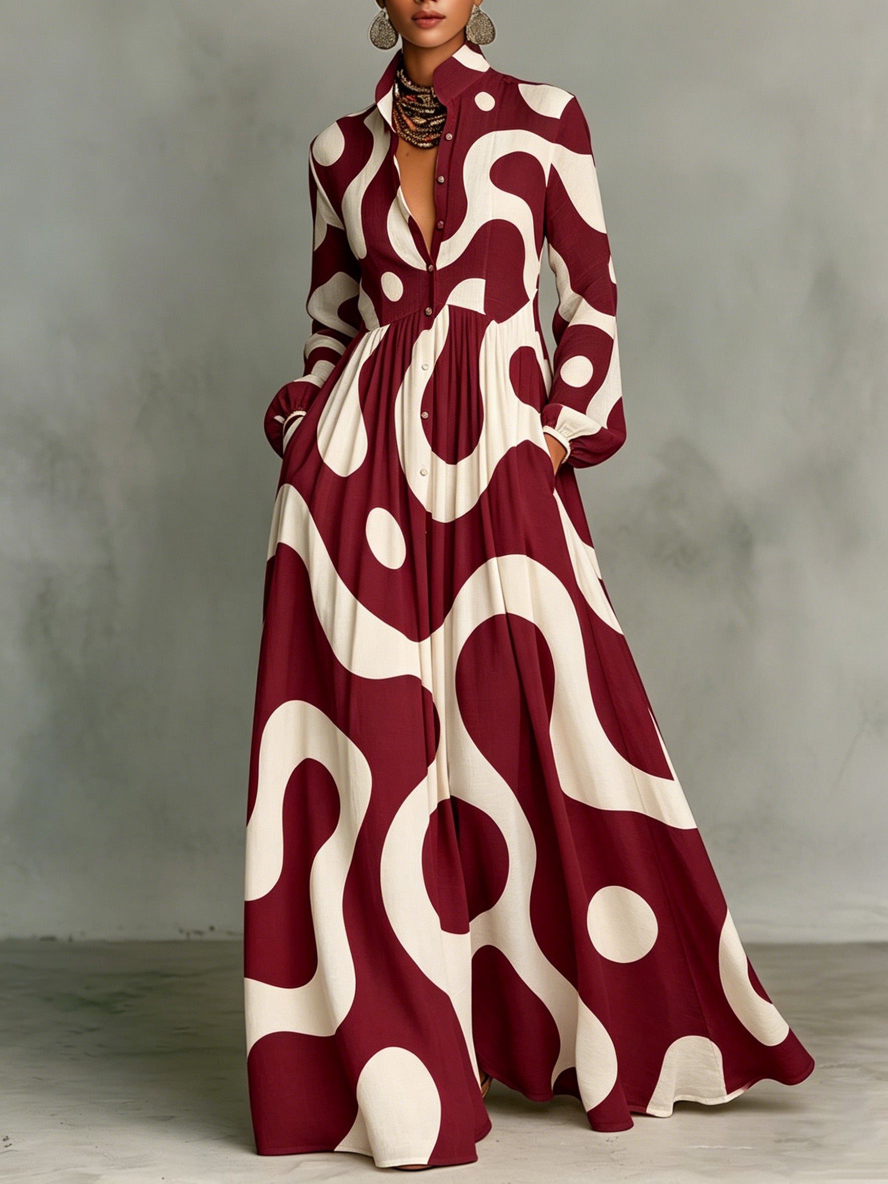Polka-dot & Stripe Stand-collar Single-breasted Long Shirt Dress