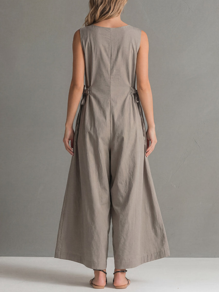 Women's Solid-color V-neck Sleeveless Casual Loose Cotton-linen Wide-leg Jumpsuit