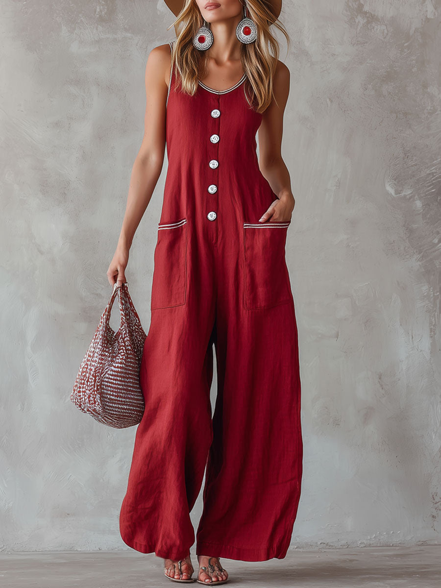 Women's Solid-color Round-neck Sleeveless Casual Loose Cotton-linen Wide-leg Jumpsuit