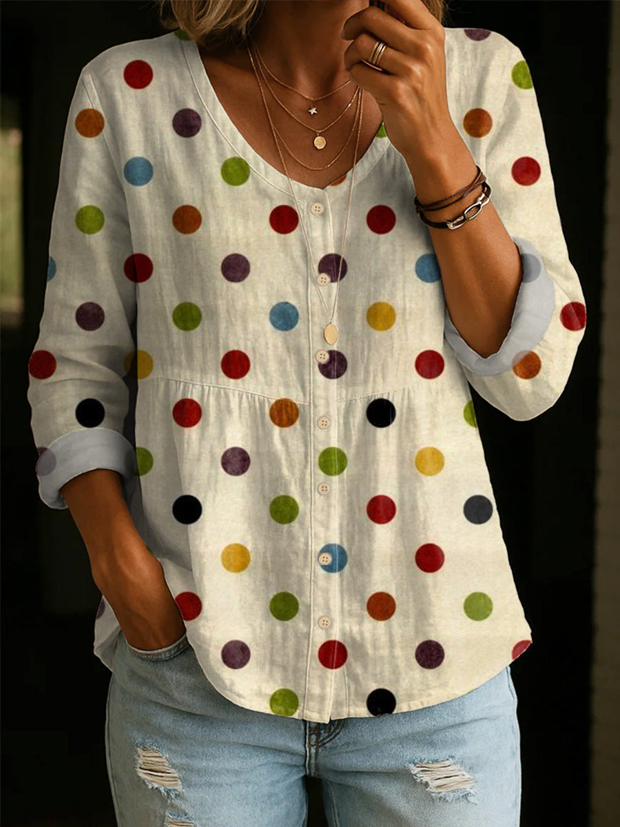 Artistic Polka Dot Print Cotton Shirt — Women's Elegant, Casual, Soft Cotton Top
