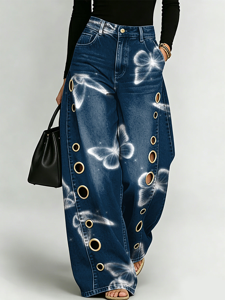 Dreamy, Transparent Butterfly Decorative Pattern Women's Casual Denim Pants