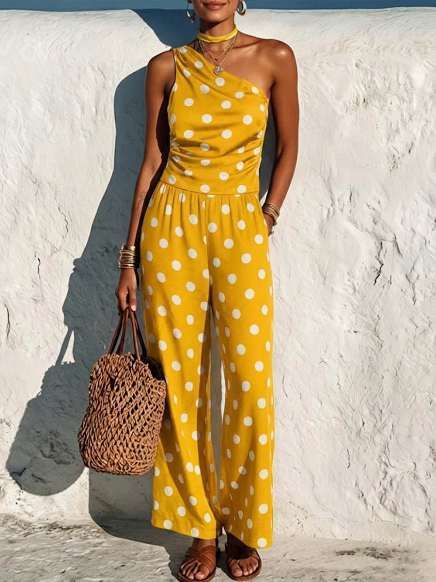 Women's Polka Dot Print One-shoulder Sleeveless Casual Loose Wide-leg Jumpsuit