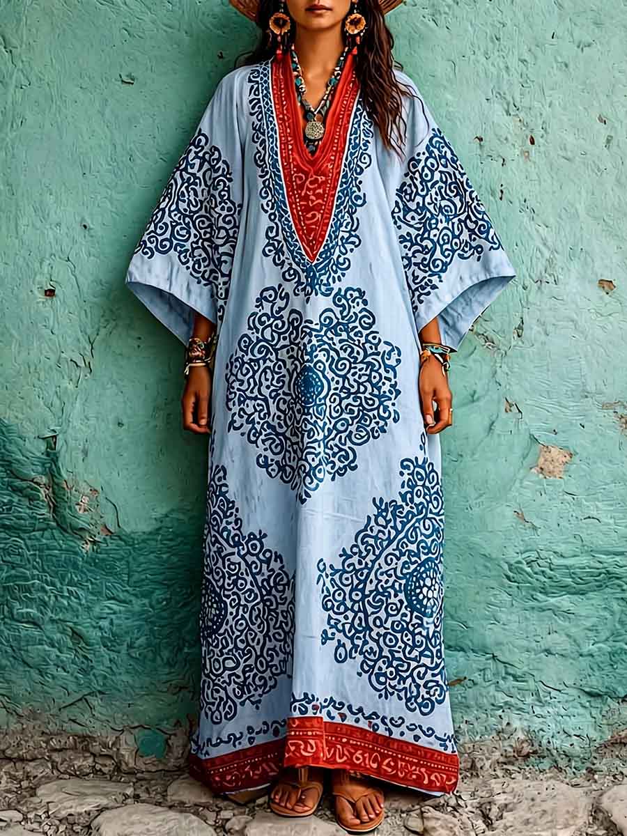 Women's Vintage-print V-neck 3/4-sleeve Casual Loose Cotton-linen Dress
