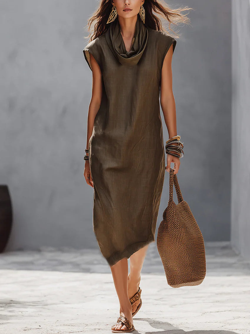Women's Minimalist-Style Sleeveless Midi Dress with Cowl Neck