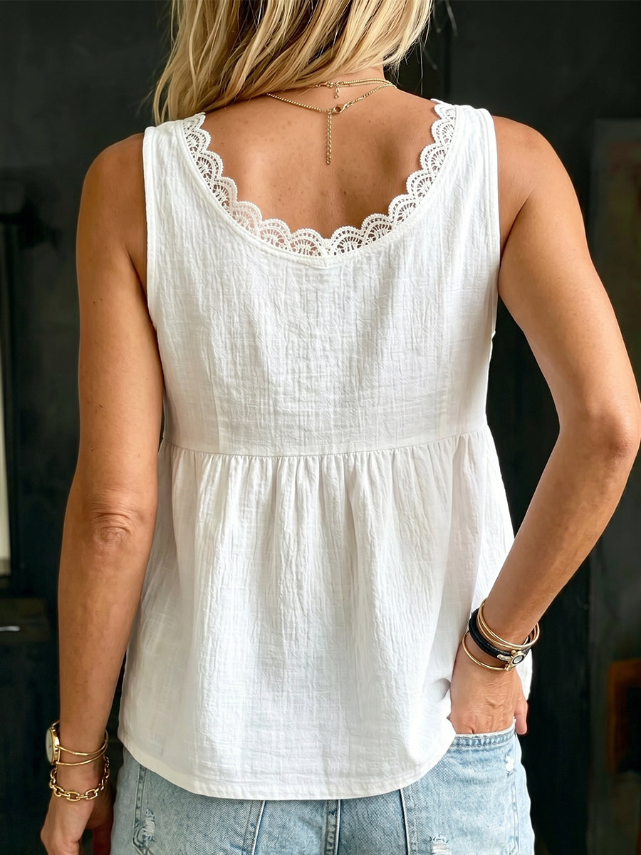 Women's Casual V-neck Sleeveless Shirt With Lace Trim