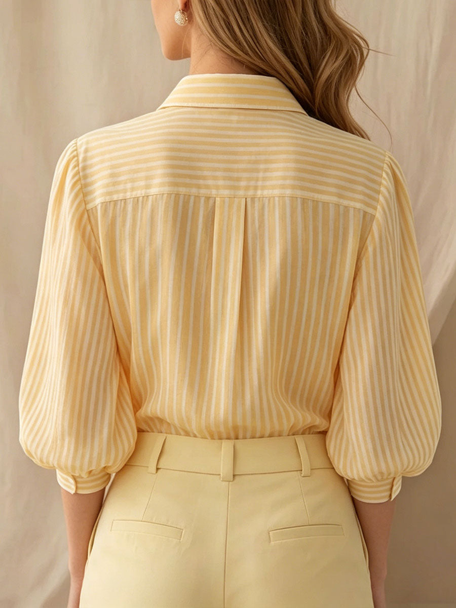 Women's Striped 3/4-sleeve Puff-sleeve Lapel Collared Shirt