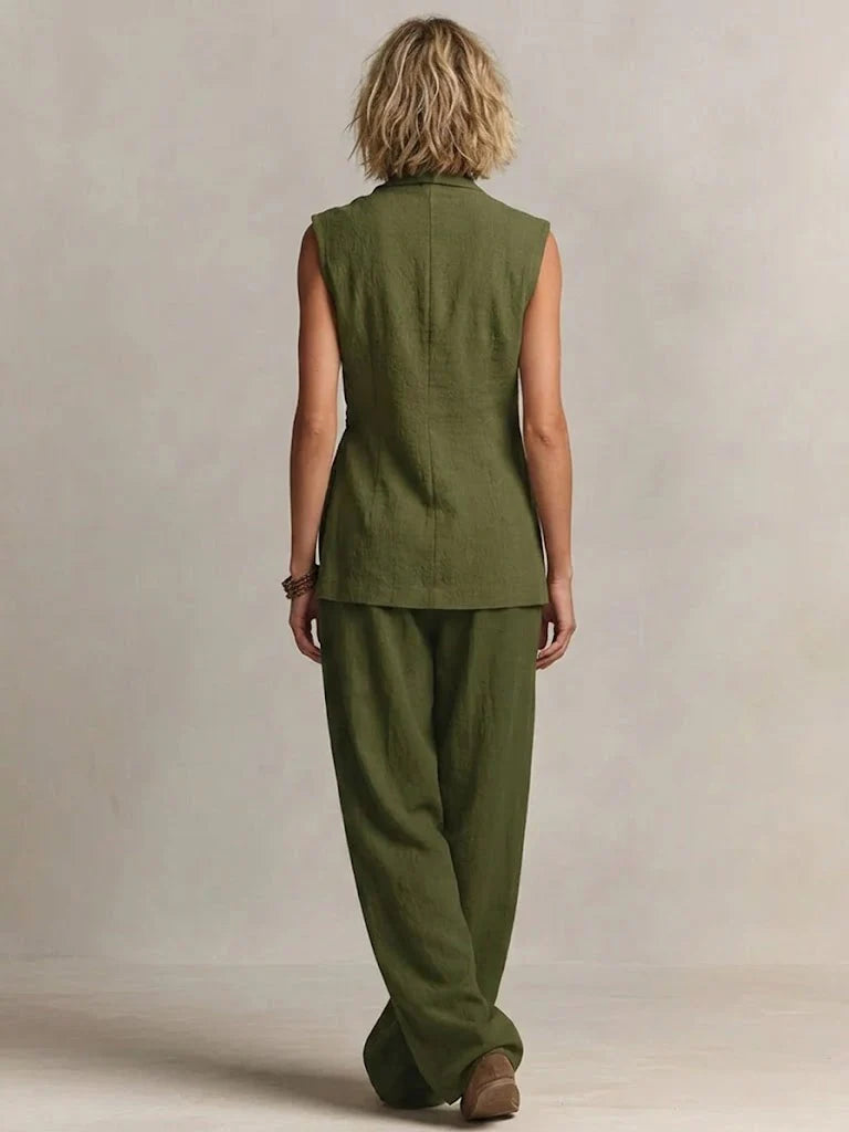 Women's Casual Cotton And Linen Sleeveless Vest With Wide-leg Pants Set