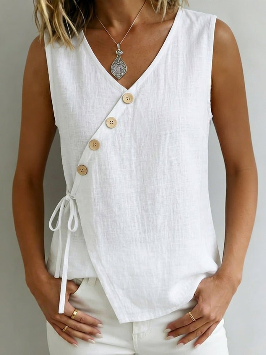 Women's V-neck Sleeveless Cotton-linen Top With Buttons And Tie-waist