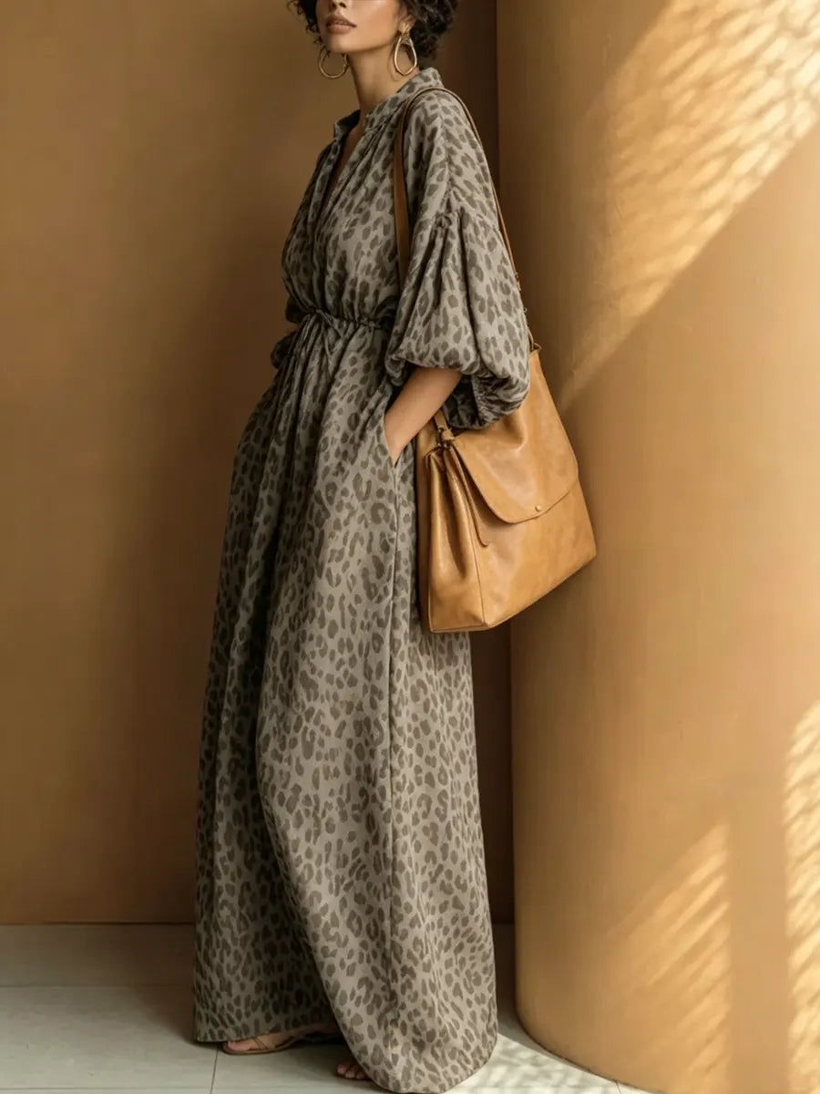 Women's Loose Leopard Print Cotton-linen Dress