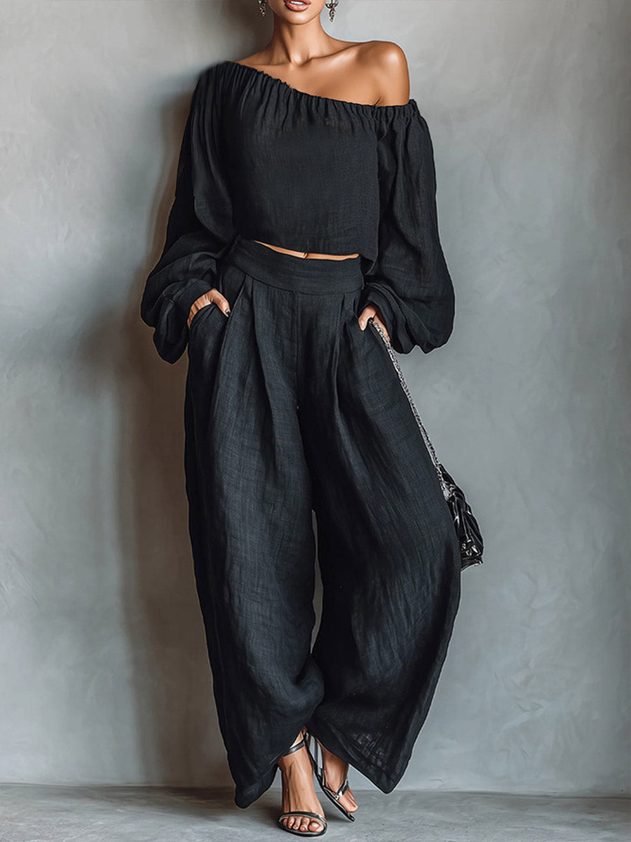 Women's Solid-color Off-shoulder Long-sleeve Casual Loose Cotton-linen Top & High-waisted Wide-leg Pants Set