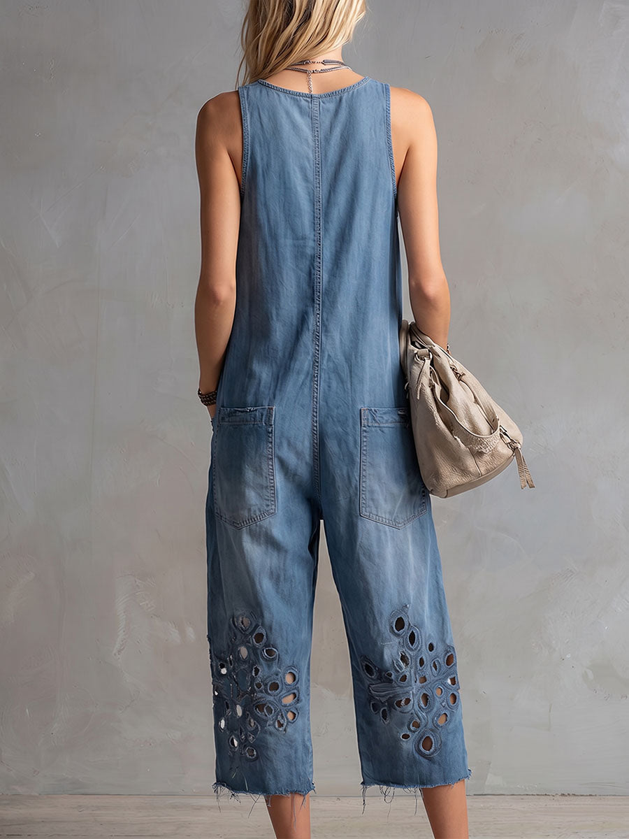 Women's V-neck Sleeveless Casual Loose-fit Wide-leg Jumpsuit With Cutout Embroidery