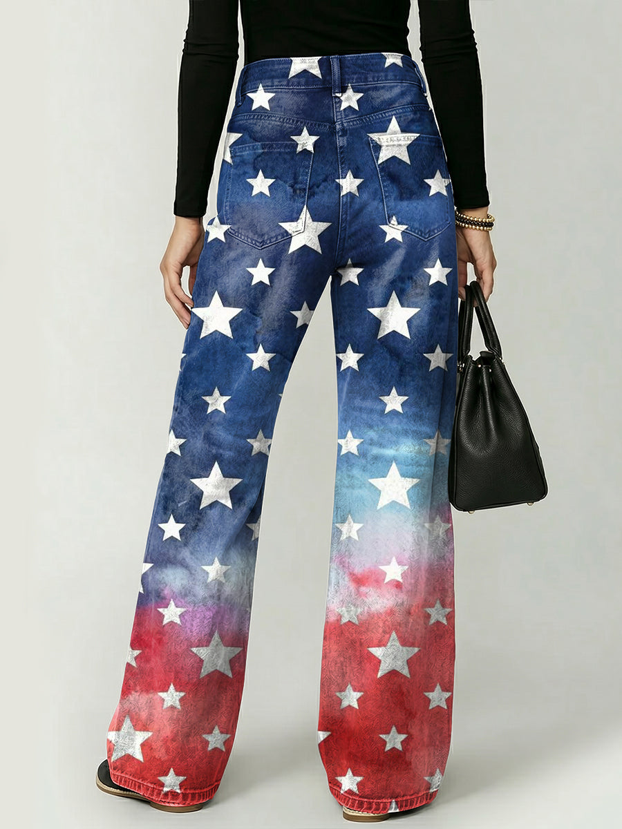 Independence Day Gradient-colored American Star Decorative Pattern Women's Casual Denim Pants
