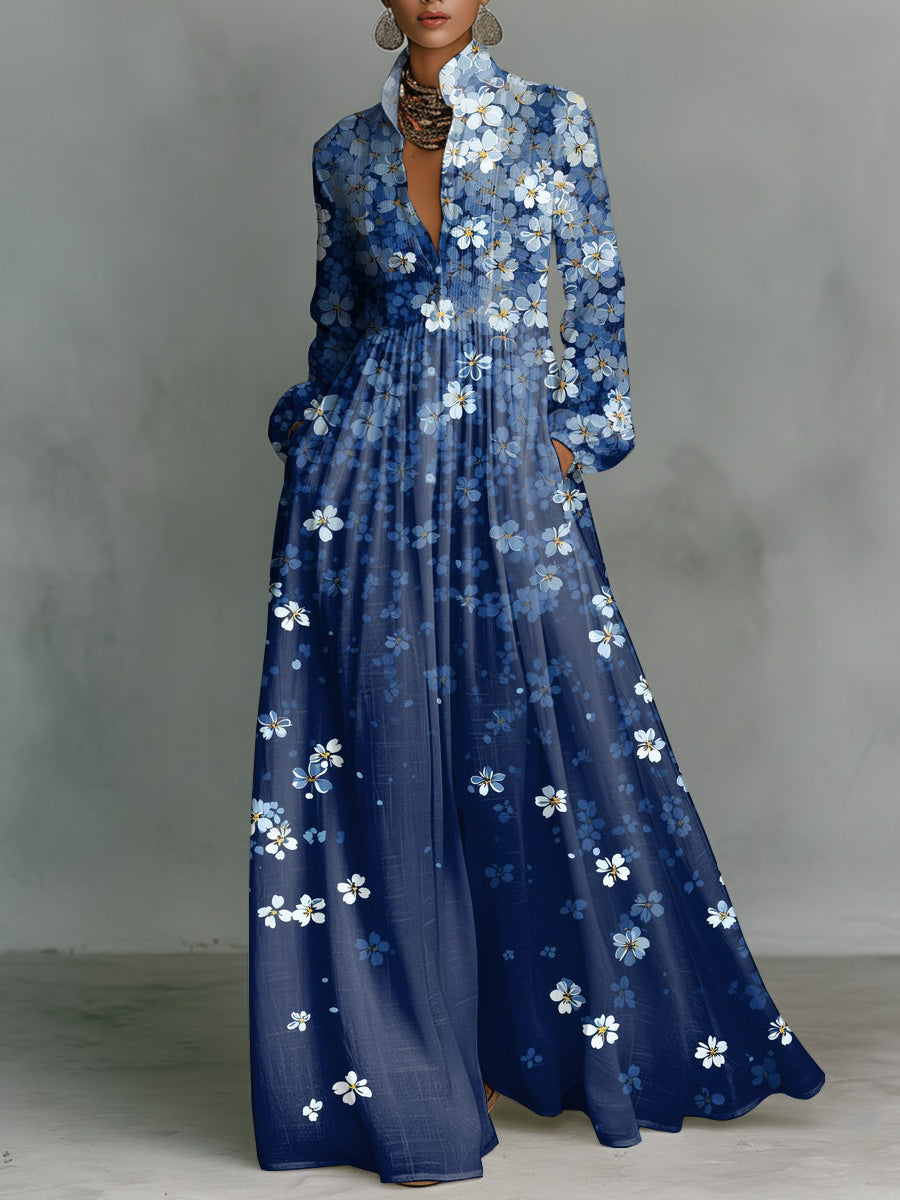 Floral Gradient Stand-collar Single-breasted Long Shirt Dress