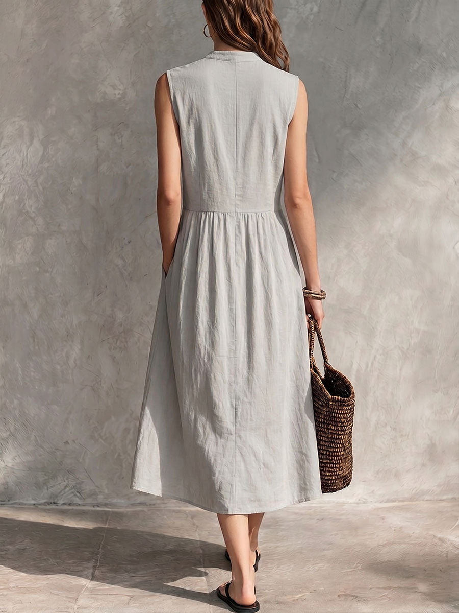 Women's Solid-color Stand-collar Sleeveless Casual Loose Cotton-linen Pleated Dress