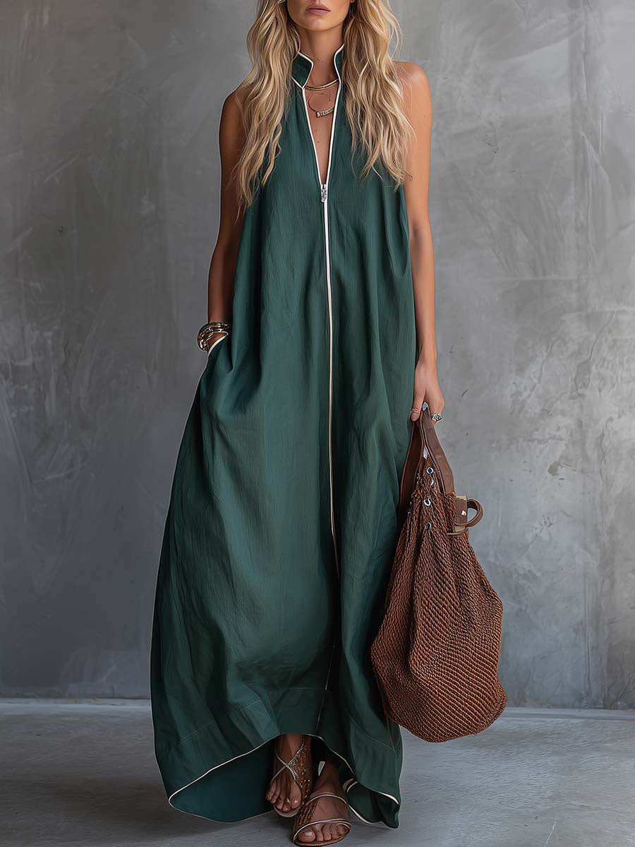Women's Solid-color Stand-collar Sleeveless Loose-fit Cotton-linen Casual Dress