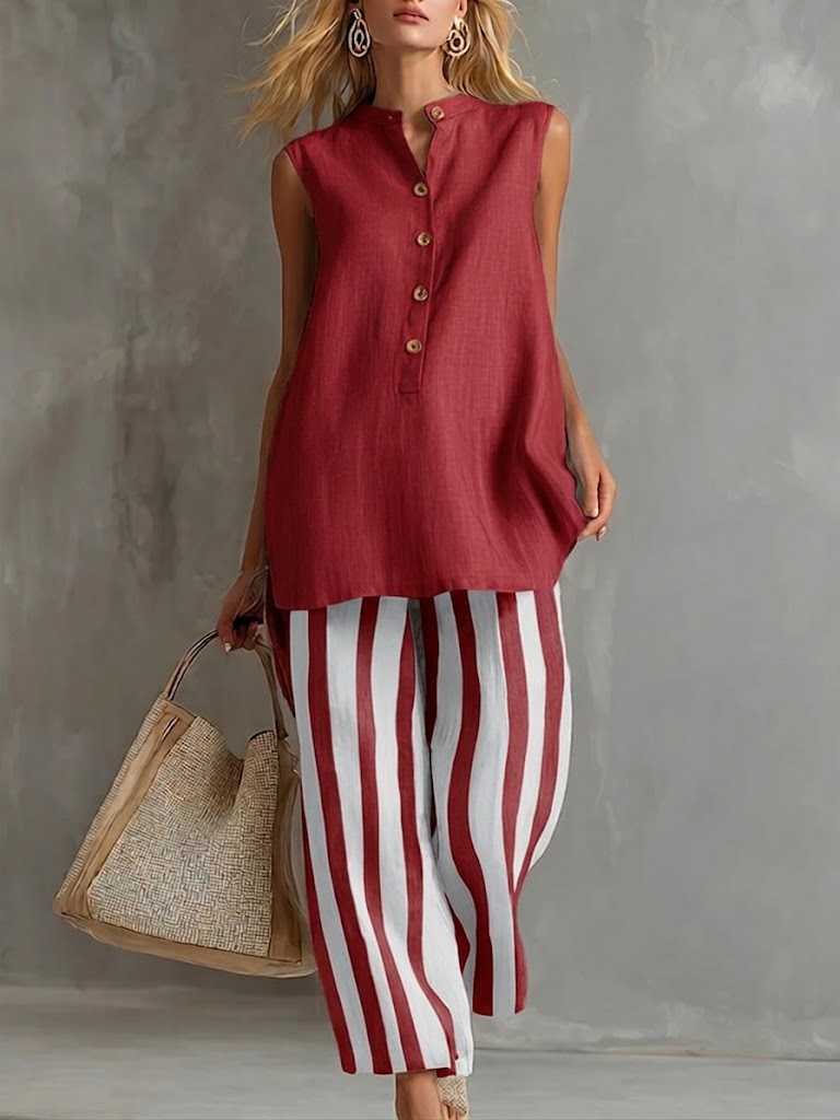 Casual Sleeveless Linen-cotton Top And Striped Pants Two-piece Set