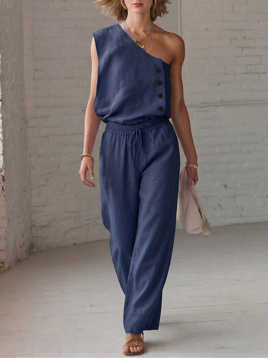Stylish Off-shoulder Shirt And Wide-leg Pants Cotton-linen Two-piece Set