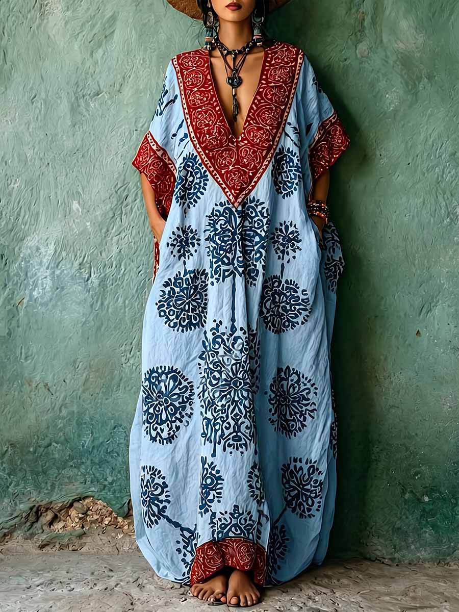 Women's Vintage-print V-neck 3/4-sleeve Casual Loose Cotton-linen Dress