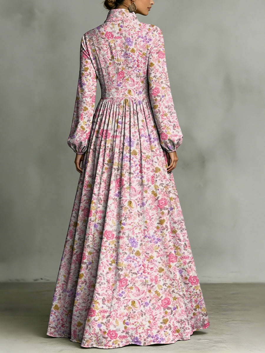Elegant Floral Decorative Pattern Women's Long Sleeve Shirt Collar Dress