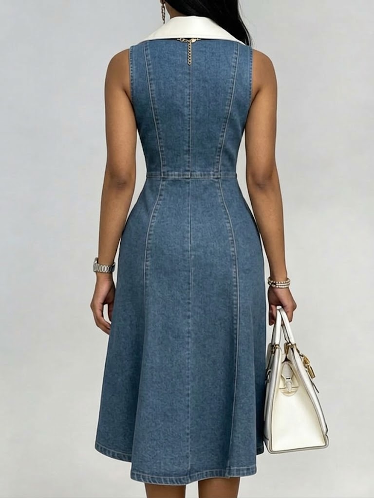 Stylish Collared, Sleeveless, Zip-front Denim Dress