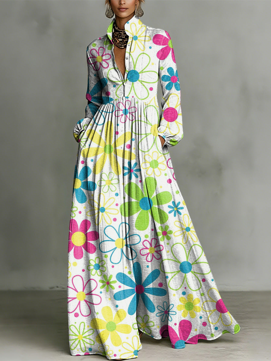 Fun, Colorful Floral Decorative Patterns Women's Long Sleeve Shirt Collar Dress