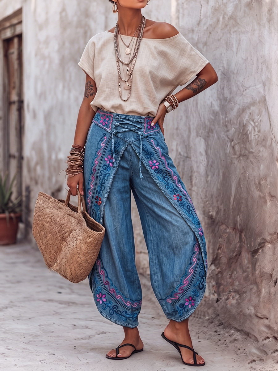 Boho Floral Vine Print Lightweight Denim Slit Harem Pants