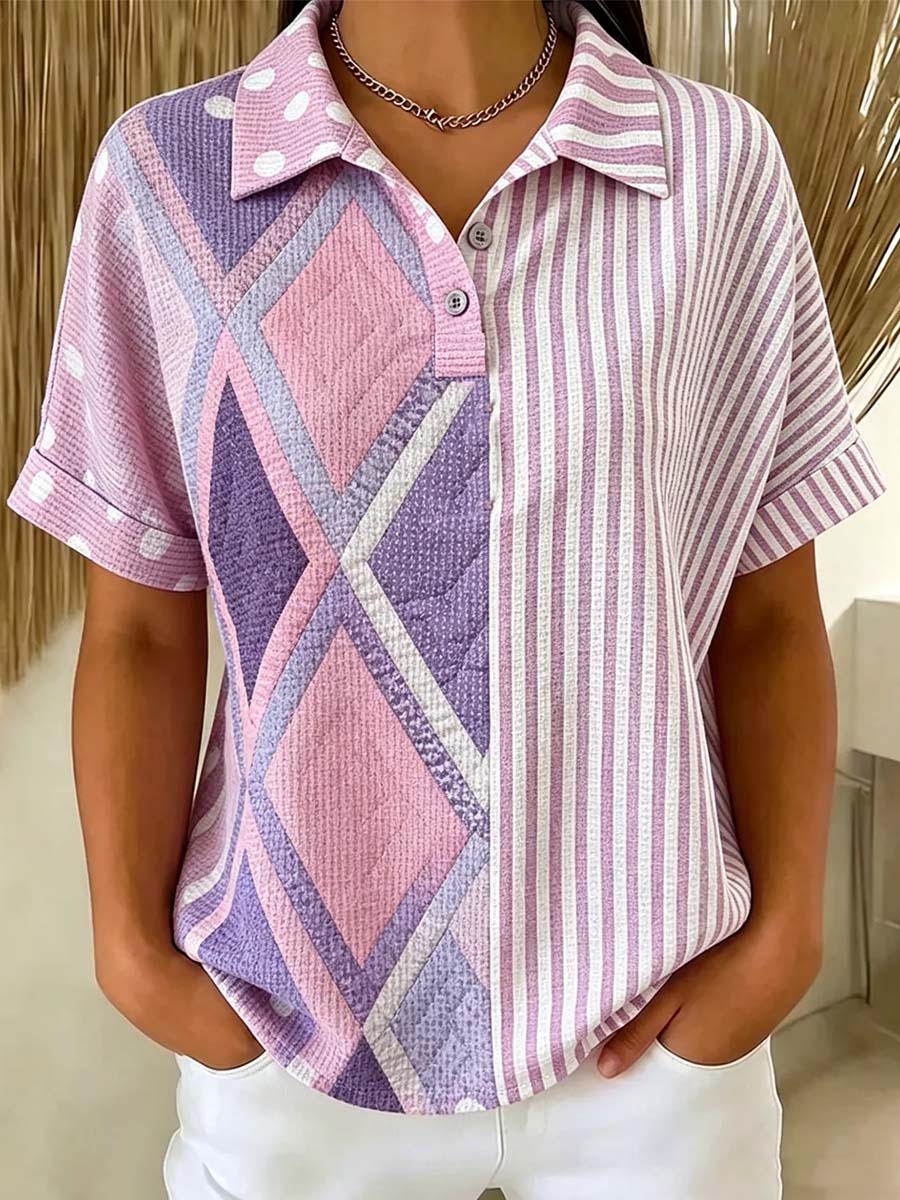 Women's Geometric Line Pattern Art Print Casual Cotton Shirt