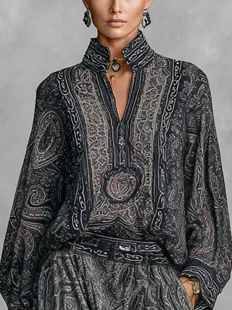 Paisley-print Stand-collar Shirt + Harem Pants Set