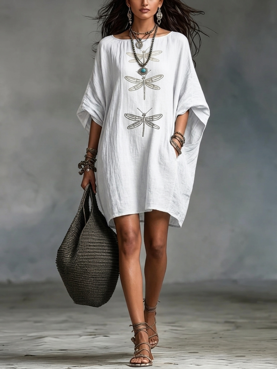 Bohemian-Style  Dragonfly Print Cotton-Linen Dress