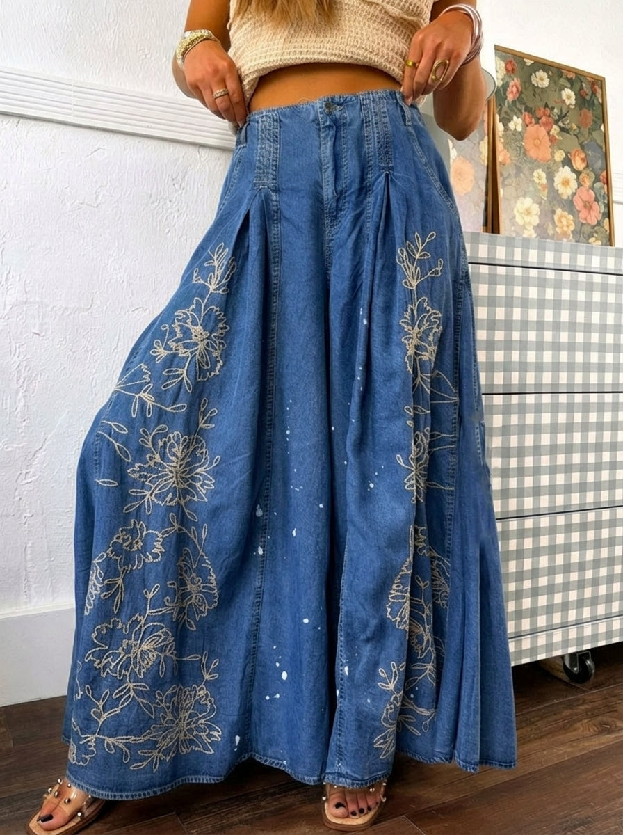 Women's Casual Wide-leg Denim Jeans With Embroidery And Print
