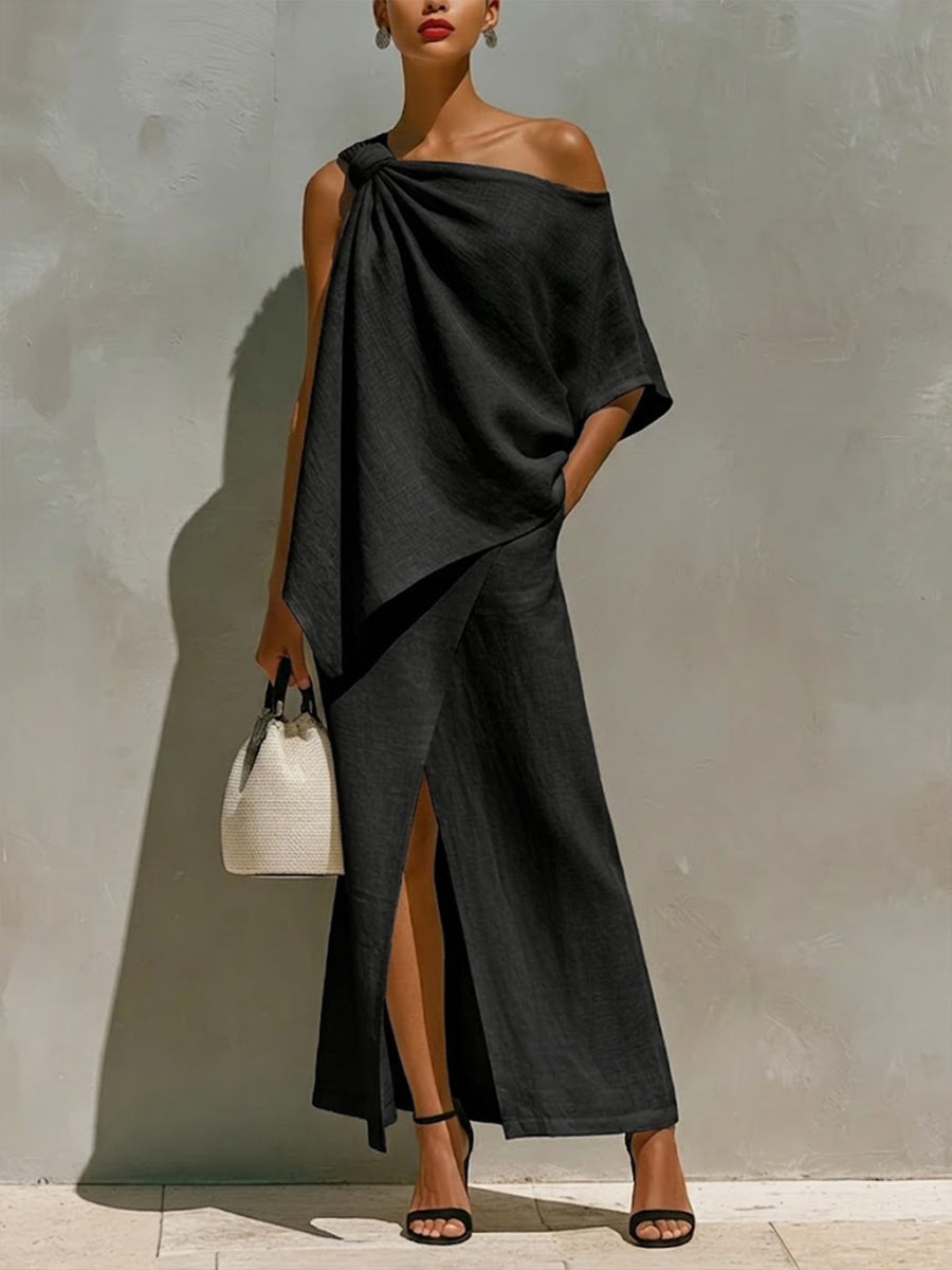 Stylish Off-shoulder Linen & Cotton Top And Skirt Two-piece Set