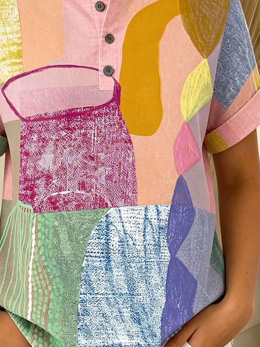 Women's Abstract Geometric Art Print Casual Short Sleeve Cotton Linen Shirt