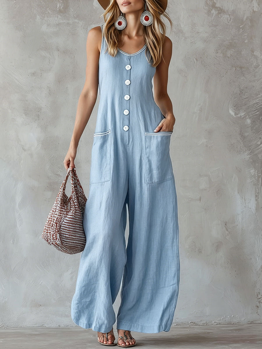 Women's Solid-color Round-neck Sleeveless Casual Loose Cotton-linen Wide-leg Jumpsuit