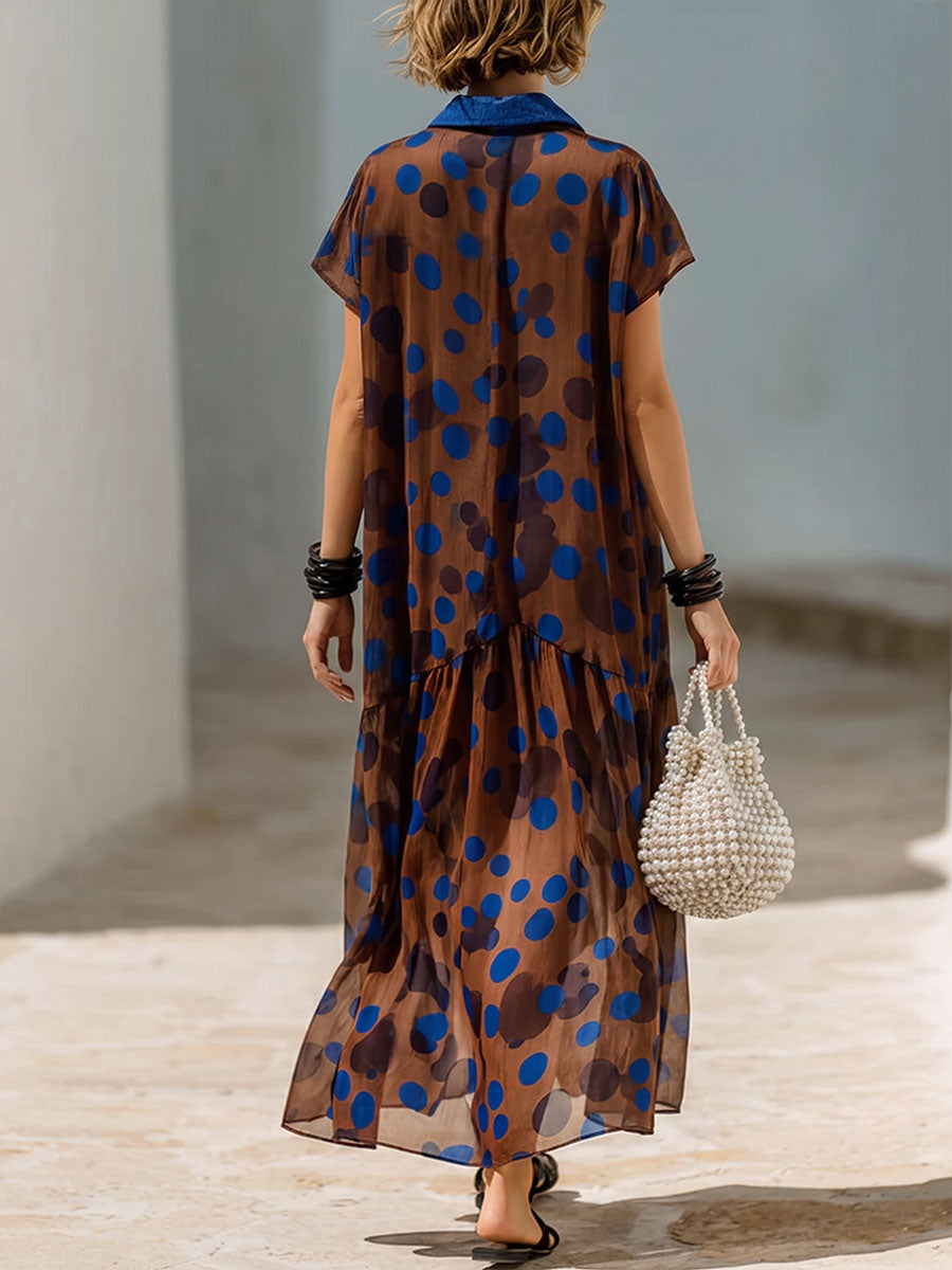Women's Polka Dot Print Chiffon Dress — Short Sleeve Shirt Collar Casual Loose Fit