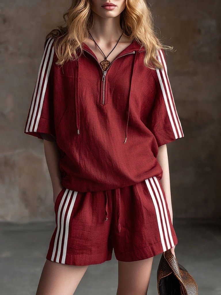 Casual Color-block Striped Half-zip Hooded Linen-cotton Top And Shorts Two-piece Set