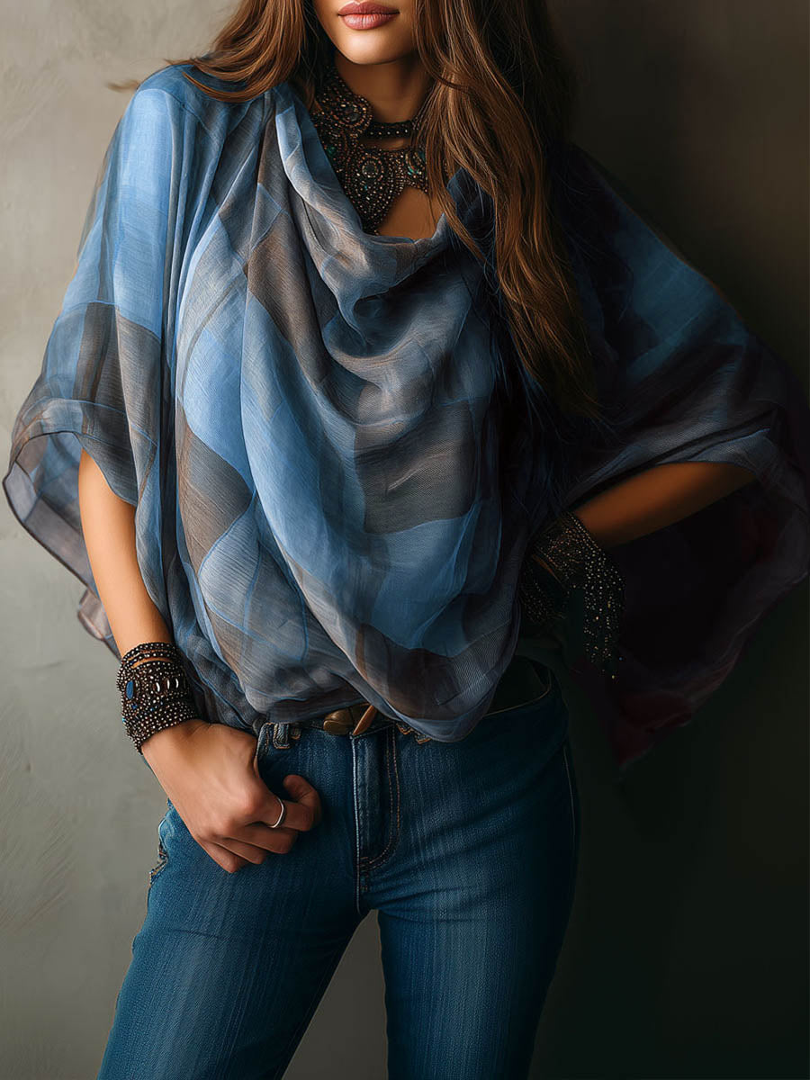 Women's Plaid Print Cowl Neck 3/4-sleeve Casual Loose Top