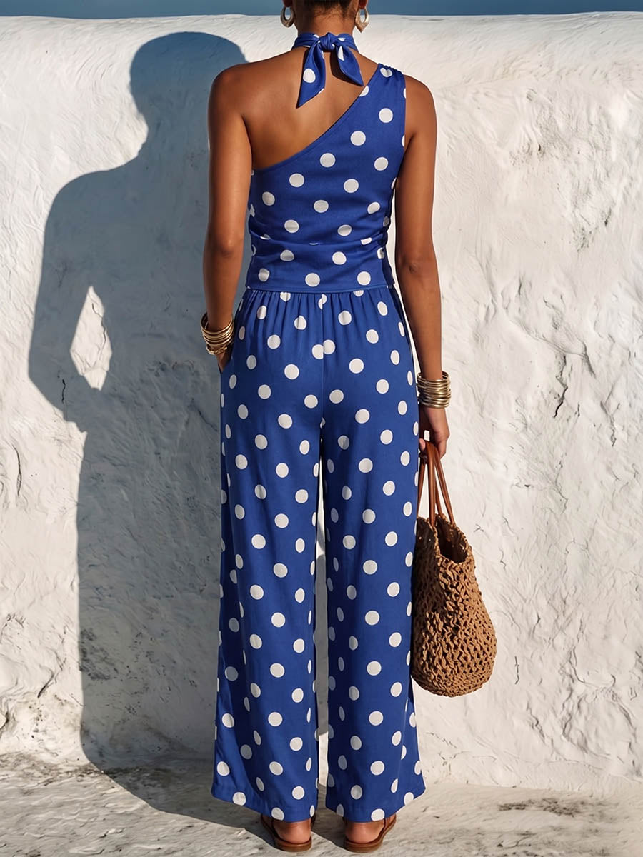 Women's Polka Dot Print One-shoulder Sleeveless Casual Loose Wide-leg Jumpsuit