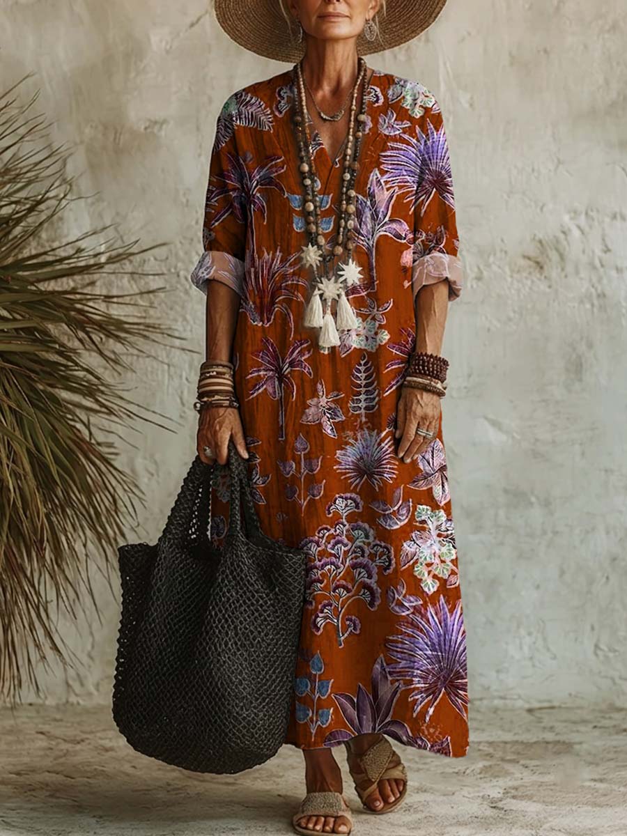 Women's Flower Print Casual Cotton-linen Maxi Dress