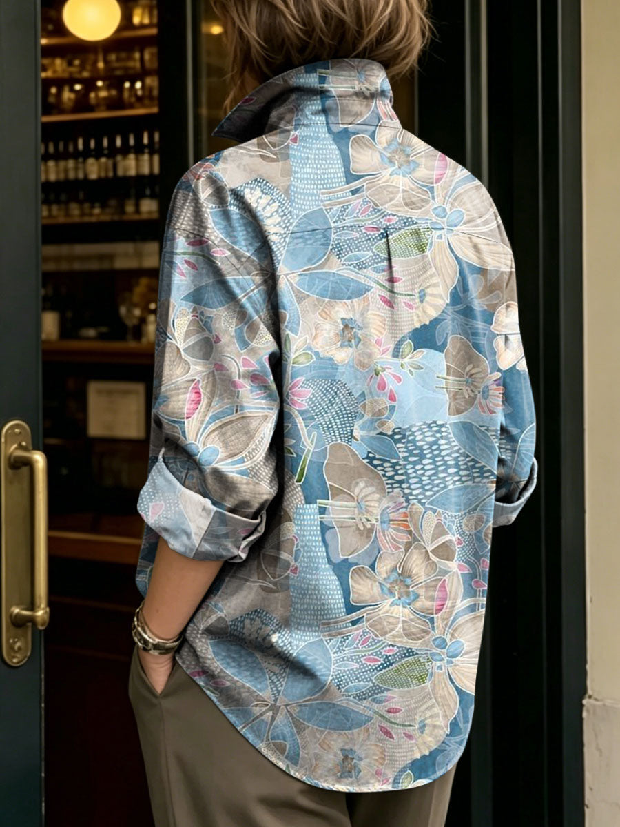 Women's Artistic Floral Print Metal-button Shirt