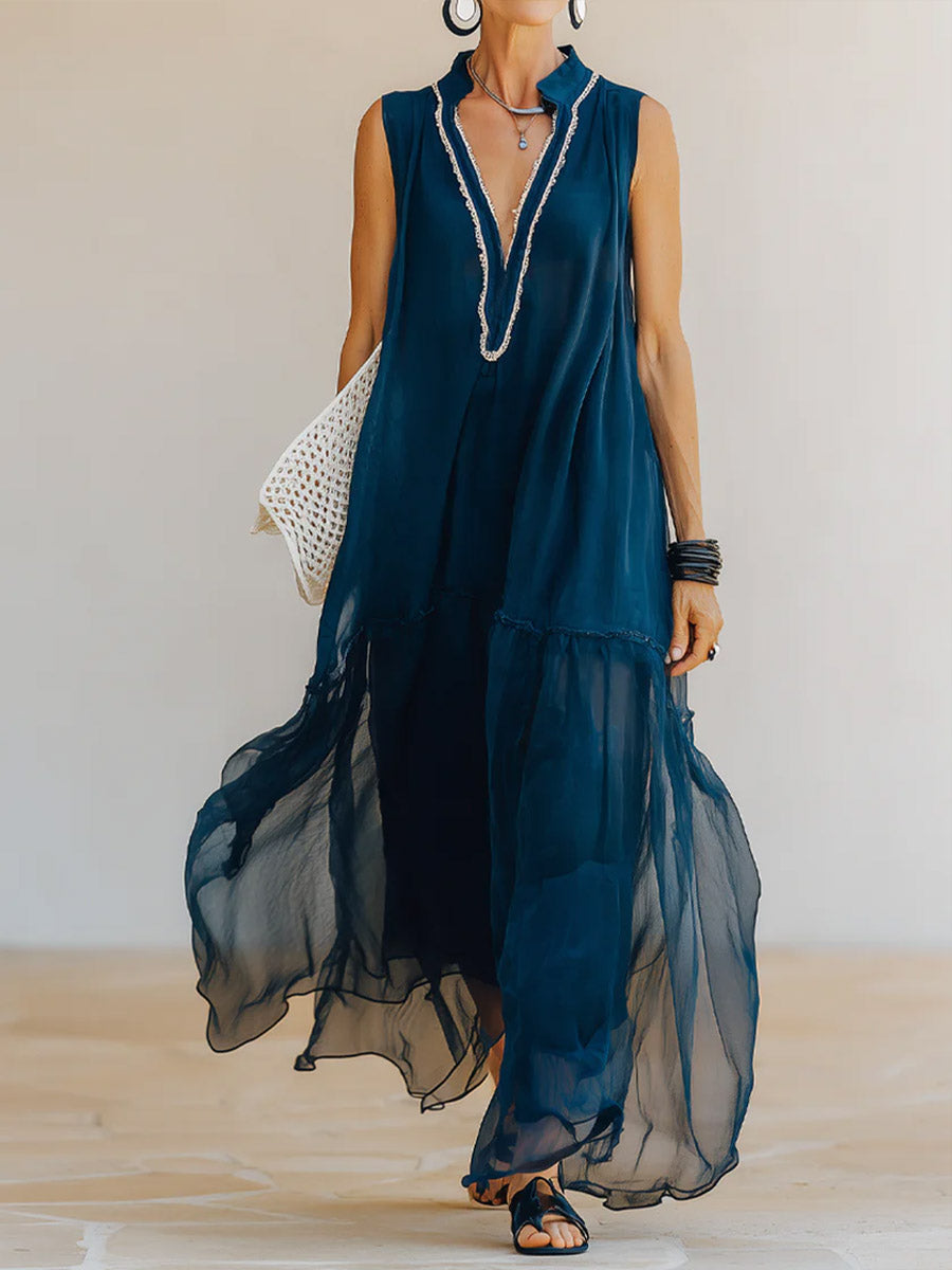 Women's V-neck Sleeveless Casual Loose Dress With Mesh Splicing