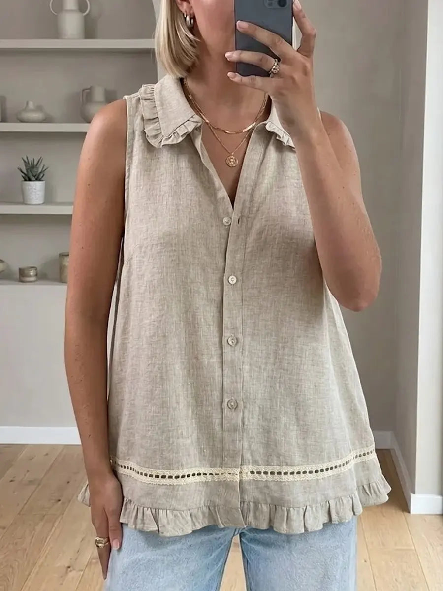 Women's Sleeveless Cotton And Linen Top With Peter Pan Collar