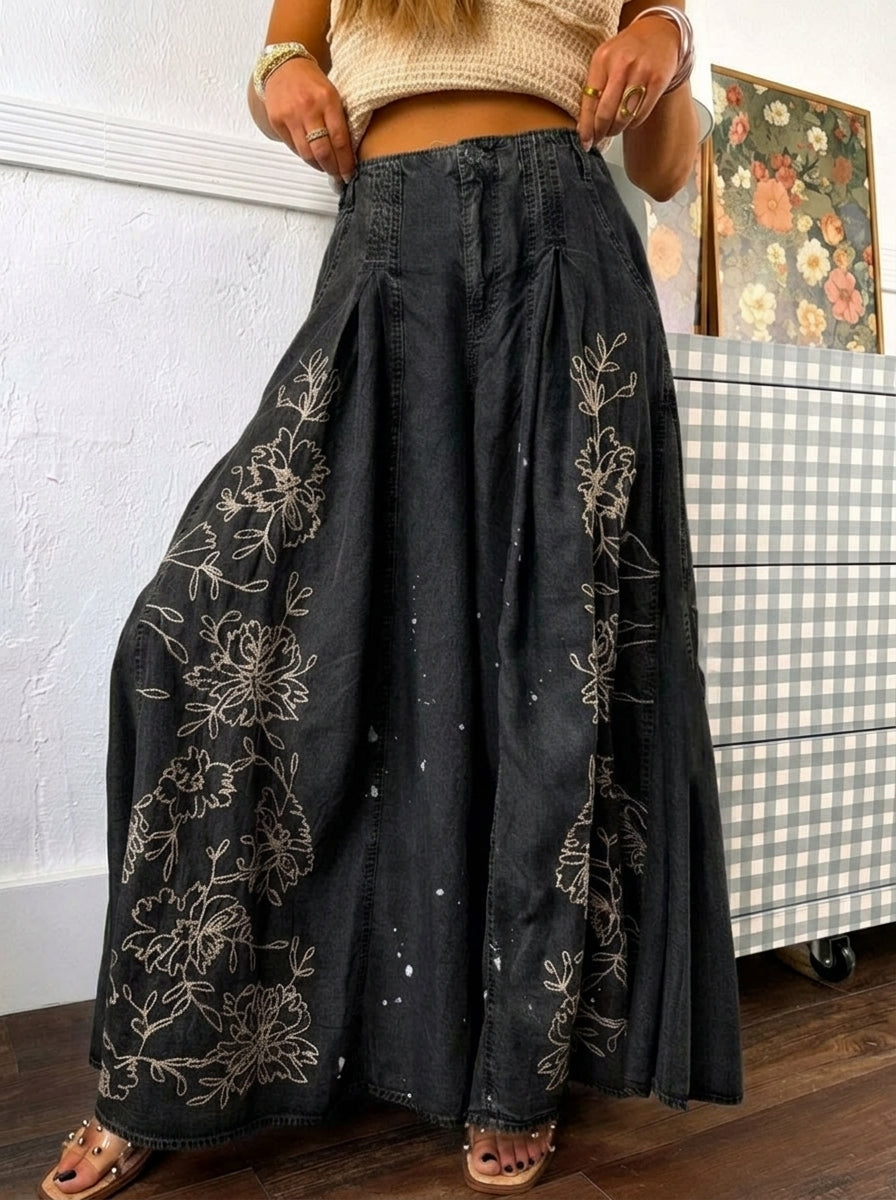 Women's Casual Wide-leg Denim Jeans With Embroidery And Print