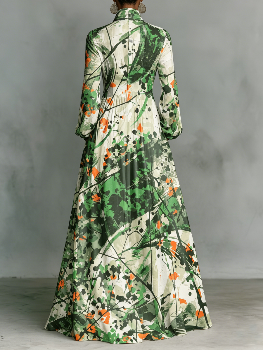 Classic Ink-splatter Color-block Dress — Featuring A Turn-down Collar, Cinched Waist, And Flared Skirt
