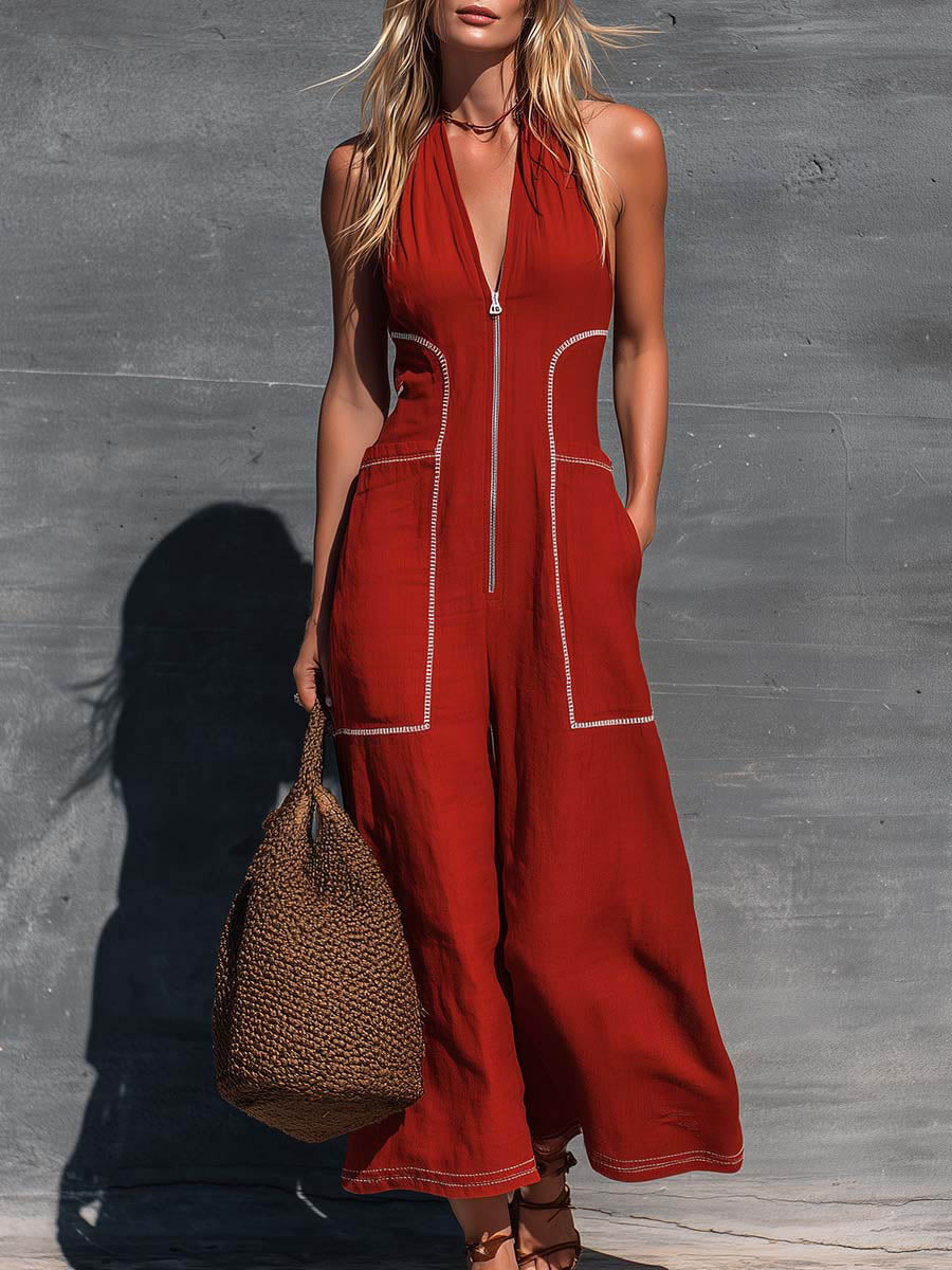 Women's Solid-color V-neck Sleeveless Casual Loose-fit Linen Wide-leg Jumpsuit
