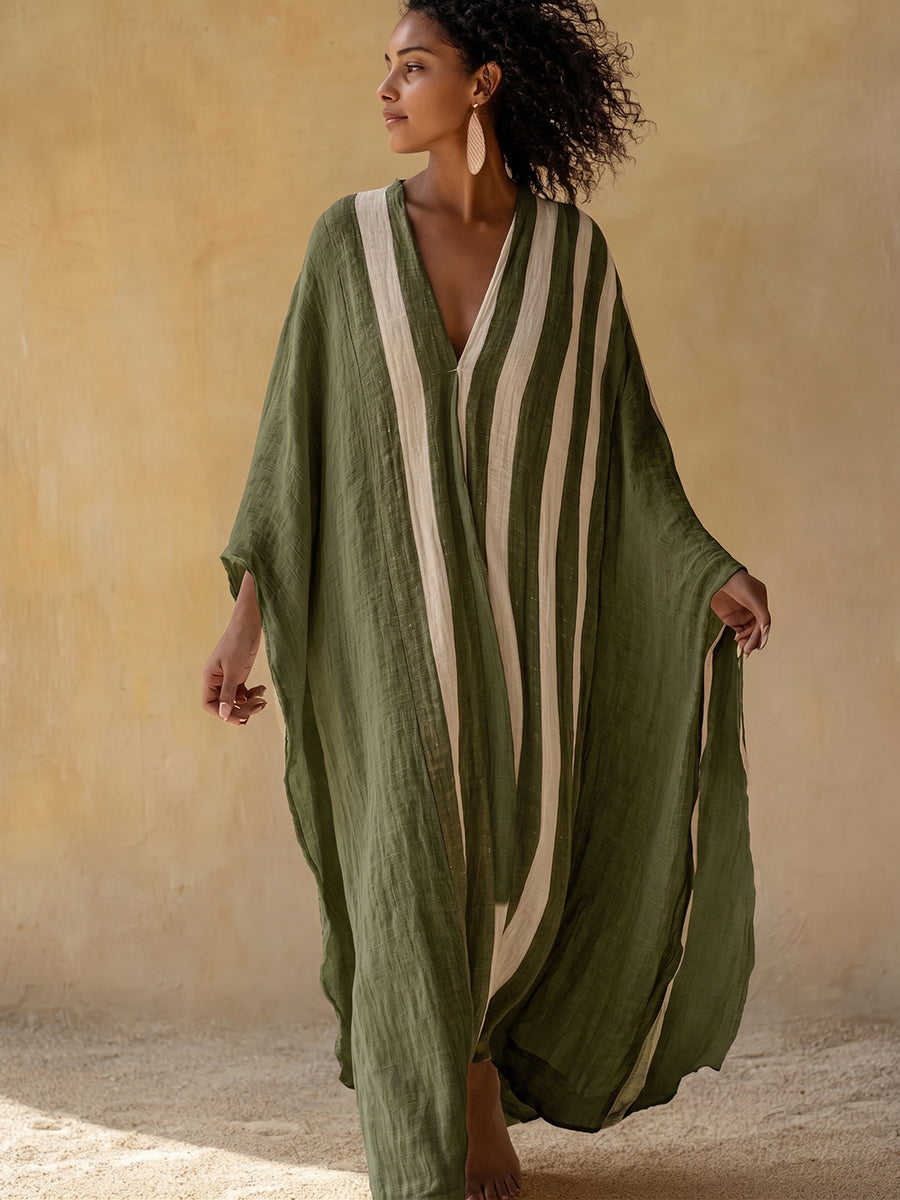 Boho Vacation Striped Print Loose Cotton-linen Maxi Dress