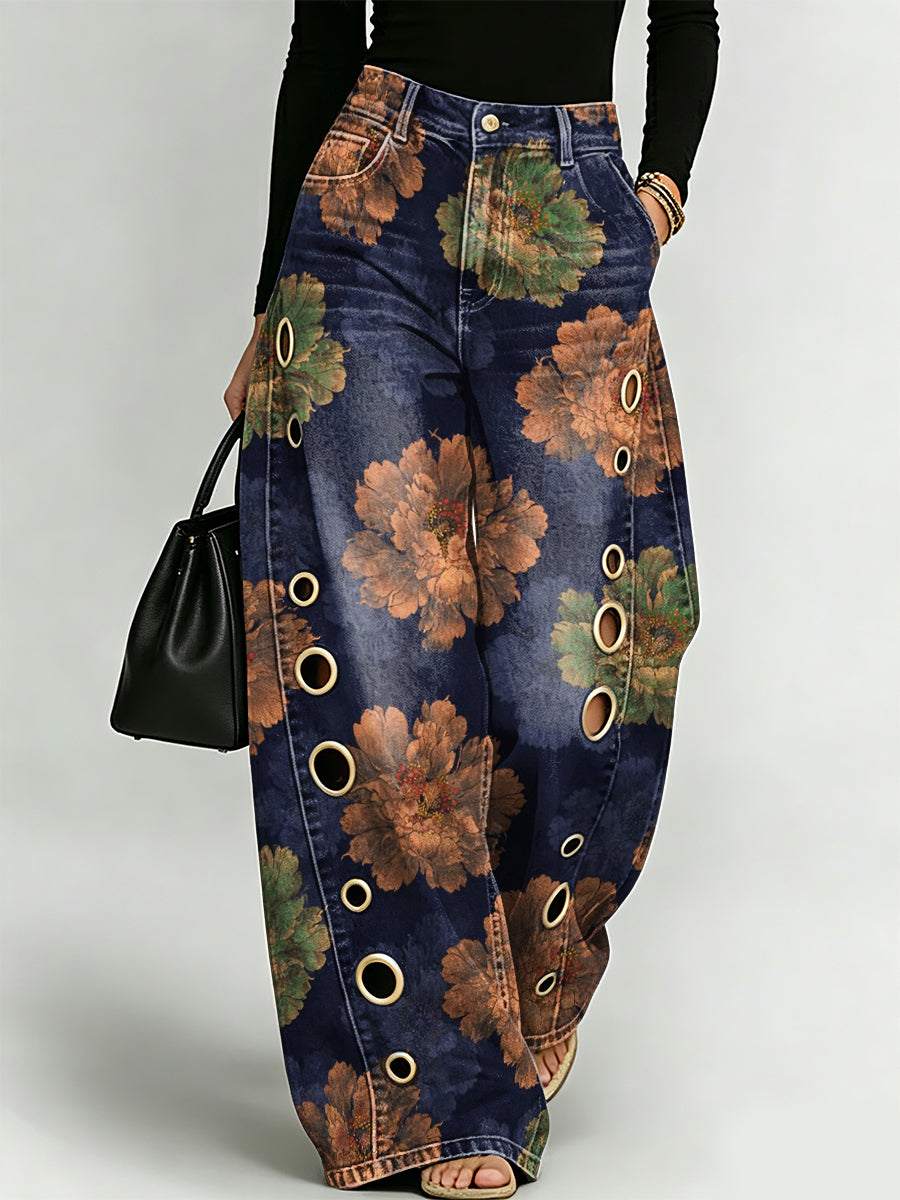 Retro Floral Decorative Pattern Women's Casual Denim Pants