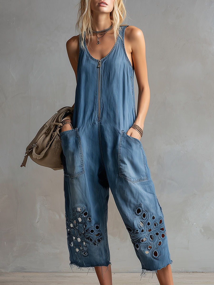 Women's V-neck Sleeveless Casual Loose-fit Wide-leg Jumpsuit With Cutout Embroidery